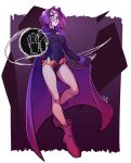  1girl belt border cloak covered_navel fingerless_gloves gem gloves half-closed_eyes highres hood hood_down hooded_cloak leotard magic malcontent parted_lips purple_cloak purple_eyes purple_footwear purple_hair purple_leotard purple_theme raven_(dc) short_hair signature solo teen_titans turtleneck turtleneck_leotard white_border 