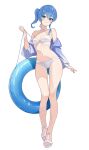  1girl :3 alternate_costume armpit_crease bikini blue_eyes blue_hair blush breasts closed_mouth collarbone fawny full_body hair_between_eyes head_tilt highres holding holding_swim_ring hololive hoshimachi_suisei medium_breasts navel one_side_up side_ponytail sidelocks simple_background solo standing star_(symbol) star_in_eye stomach swim_ring swimsuit symbol_in_eye thighs toes virtual_youtuber white_background white_bikini white_footwear 