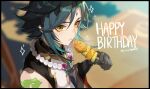  1boy :t aqua_hair arm_tattoo bangs bead_necklace beads birthday black_border black_gloves border closed_mouth eating facial_mark food forehead_mark genshin_impact gloves green_hair happy_birthday highres holding jewelry kanengomi male_focus multicolored_hair necklace skewer sleeveless solo sparkle tattoo upper_body xiao_(genshin_impact) yellow_eyes 