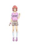  1boy :d bracelet crossdressing full_body hand_up highres jewelry king_of_prism king_of_prism:_shiny_seven_stars kneehighs looking_at_viewer male_focus official_art open_mouth otoko_no_ko pink_eyes pink_footwear pink_hair pink_shirt plaid plaid_shorts pretty_rhythm pretty_series saionji_leo sandals second-party_source shirt short_sleeves shorts simple_background smile socks solo standing tachi-e transparent_background 