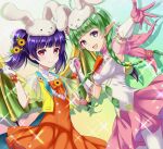  2girls :d animal_hat armpits bangs blunt_bangs braid bunny_hat collarbone dragon_wings dress eyebrows_visible_through_hair fire_emblem fire_emblem:_the_sacred_stones fire_emblem_awakening fire_emblem_heroes flower gloves green_hair hair_flower hair_ornament hat holding_hands kakiko210 looking_at_viewer manakete multiple_girls myrrh_(fire_emblem) nah_(fire_emblem) official_alternate_costume open_mouth orange_dress outstretched_arm pantyhose pink_gloves purple_eyes purple_hair red_eyes ribbon smile tied_hair twin_braids twintails white_gloves white_legwear wings 