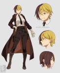  1girl blonde_hair boots brown_coat brown_footwear brown_hair coat cross-laced_footwear gloves highres kamezaemon lace-up_boots multicolored_hair necktie open_clothes open_coat original reference_sheet shirt simple_background solo white_gloves white_shirt 