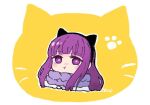  1girl :t animal_ears animal_print cat_ears cat_print chibi cropped_torso fake_animal_ears fern_(sousou_no_frieren) hairband half_updo long_hair long_sleeves looking_at_viewer okas paw_print pout purple_eyes purple_hair scarf solo sousou_no_frieren white_background winter_clothes yellow_background 