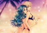  2girls aqua_hair bikini bishoujo_senshi_sailor_moon blonde_hair blue_eyes blush cocktail couple dated drink english_commentary hug hug_from_behind kaiou_michiru kay-i long_hair multiple_girls one-piece_swimsuit outdoors palm_tree parted_bangs short_hair signature smile sunset swimsuit ten&#039;ou_haruka tree very_short_hair wavy_hair white_one-piece_swimsuit yuri 