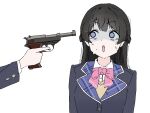  1girl 1other aiming ambiguous_gender black_hair black_jacket blazer blue_eyes bow bowtie brown_sweater collared_shirt commentary crying crying_with_eyes_open gujin_(tp_acid) gun gun_to_head handgun holding holding_gun holding_weapon jacket layered_clothes long_hair long_sleeves looking_at_another looking_to_the_side nijisanji no_pupils open_mouth out_of_frame pink_bow pink_bowtie school_uniform shaded_face shirt simple_background sweater tears tsukino_mito tsukino_mito_(1st_costume) upper_body virtual_youtuber walther walther_p38 weapon white_background white_shirt 