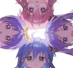  4girls :3 ahoge blue_eyes blue_hair bow_hairband circle_formation commentary from_below glasses hair_between_eyes hairband heads_together highres hiiragi_kagami hiiragi_tsukasa izumi_konata jitome long_hair looking_at_viewer lucky_star mole mole_under_eye multiple_girls open_mouth pink_eyes pink_hair portrait purple_eyes purple_hair round_eyewear semi-rimless_eyewear short_hair simple_background sweatdrop takara_miyuki tareme tearing_up tsurime twintails under-rim_eyewear waguxuyalian white_background yellow_hairband 