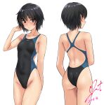  1girl amagami ass black_hair black_one-piece_swimsuit breasts brown_eyes commentary_request commission competition_swimsuit cowboy_shot dated highleg highleg_swimsuit highres multiple_views nanasaki_ai one-piece_swimsuit pixiv_commission short_hair signature simple_background small_breasts swimsuit two-tone_swimsuit white_background yoo_tenchi 