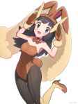  1girl absurdres animal_ears black_eyes black_hair black_pantyhose breasts brown_gloves brown_leotard cosplay dawn_(pokemon) gloves gonzarez highres leotard long_hair looking_at_viewer lop_rabbit_ears lopunny lopunny_(cosplay) medium_breasts pantyhose playboy_bunny pokemon pokemon_dppt rabbit_ears rabbit_tail simple_background solo tail white_background 