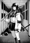  1girl 2boys armband attsun_(atsushi_jb) black_hair blunt_bangs bow collarbone crazy_eyes greyscale hallway highres holding holding_sword holding_weapon hood hoodie indoors katana kneehighs long_hair long_sleeves looking_at_viewer miniskirt monochrome multiple_boys on_floor open_mouth original pleated_skirt safety_pin sailor_collar school_uniform serafuku sheath shirt skirt socks standing straight_hair sword weapon white_shirt 