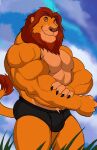 absurd_res anthro biped bulge claws clothed clothing darknaigart disney eyebrows felid fingers hi_res lion male mammal mane mufasa muscular muscular_anthro muscular_male pantherine pecs smile solo tail tail_tuft the_lion_king topless topless_anthro topless_male tuft underwear underwear_only