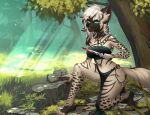  2021 4_toes 5_fingers anthro black_nose blue_eyes breasts clothed clothing day detailed_background digital_media_(artwork) eyebrows eyelashes feet female fingers forest fur grass hair nitricacid outside plant smile spots spotted_body spotted_fur toes tree 