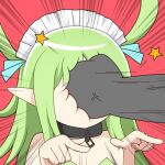  1boy 1girl anger_vein black_souls blue_bow bow chain collar emphasis_lines face_punch green_hair green_leotard grimm_(black_souls) hair_bow in_the_face leaf_(black_souls) leotard long_hair maid_headdress pointing pointing_to_the_side pointy_ears punching red_background sidelocks simple_background udododo veins very_long_hair 