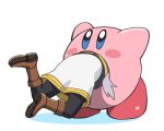  1girl black_pants blue_eyes blush_stickers boots brown_footwear frieren frieren_stuck_in_a_mimic_(meme) highres kirby kirby_(series) meme pants sousou_no_frieren stuck ueyama_michirou 