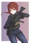  1girl absurdres assault_rifle border bulletproof_vest d-sawa613 denim gloves gun highres holding holding_gun holding_weapon holster jeans long_sleeves looking_to_the_side m16 original pants ponytail red_hair rifle short_hair smile solo submachine_gun tactical_clothes thigh_strap weapon white_border 