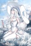  1girl absurdres breasts dress expressionless fur-trimmed_jacket fur_trim gawako hat highres jacket large_hat long_hair looking_up off_shoulder open_clothes open_jacket original outdoors sitting small_breasts solo thighhighs white_dress white_eyes white_hair white_theme white_thighhighs witch witch_hat 
