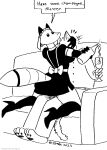 2023 alcohol anthro beverage canid canine champagne clothed clothing domestic_cat dress felid feline felis female fox furniture hi_res legwear machine maid_uniform male male/female mammal robot robota_(tegerio) sofa tail tegerio thigh_highs uniform