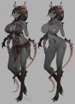  anthro big_breasts breasts brown_hair claws clothed clothing female fur genitals grey_body grey_fur hair hand_on_breast hi_res horn kiguri mammal murid murine nipples nude partially_clothed pink_nipples pose pussy rat red_eyes rodent solo spikes spikes_(anatomy) standing 