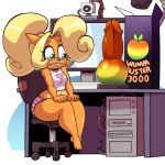 1:1 activision anthro bandicoot biped blonde_hair blush bodily_fluids breasts clothed clothing coco_bandicoot computer crash_bandicoot_(series) dildo electronics eyelashes female hair hi_res hyoumaru mammal marsupial panties pupils sex_toy sitting sweat thick_thighs underwear