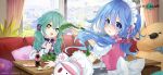  +_+ 2girls :o blue_eyes blue_hair building cola couch date_a_live date_a_live:_spirit_pledge food green_eyes green_hair indoors maid maid_headdress multiple_girls natsumi_(date_a_live) official_art open_mouth pillow puffy_short_sleeves puffy_sleeves short_sleeves stuffed_animal stuffed_toy window yoshino_(date_a_live) yoshinon 