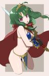  1girl ahoge arm_guards armor bikini_armor breasts brown_background cape commentary_request cowboy_shot cropped_legs green_hair hair_ornament hair_tubes head_tilt hero_(sekaiju) hero_2_(sekaiju) highres holding holding_sword holding_weapon long_hair low_twintails medium_hair mya-zawa navel open_mouth over_shoulder pelvic_curtain pink_eyes red_cape revision sekaiju_no_meikyuu sekaiju_no_meikyuu_x simple_background small_breasts solo standing sword sword_over_shoulder tiara twintails two-tone_background weapon weapon_over_shoulder white_background 