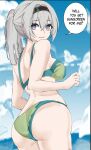 1girl absurdres ass bare_arms bare_shoulders bikini blue_sky breasts cloud commentary cowboy_shot day firefly_(honkai:_star_rail) green_bikini grey_hair grin highres honkai:_star_rail honkai_(series) kagurachi long_hair looking_at_viewer medium_breasts ponytail purple_eyes sidelocks sky smile solo speech_bubble standing swimsuit thighs 