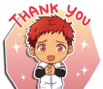  1boy bacchikoi! baseball_uniform facing_viewer furrowed_brow gradient_background kanada_toshu light_blush long_sleeves lowres male_focus mikkoukun open_mouth outline pink_background red_eyes red_hair short_hair smile solo sparkle sportswear sticker_(medium) tan thank_you white_outline 