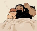  2boys alternate_body_hair arm_up bara beard blush brown_hair chilchuck_tims couple cuddling dungeon_meshi dwarf facial_hair hairy highres interracial kewpie_(kewpiekills) long_beard male_focus multiple_boys nude plump senshi_(dungeon_meshi) sleeping thick_arm_hair thick_mustache under_covers upper_body very_long_beard yaoi zzz 