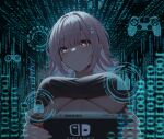  1girl absurdres alternate_costume black_shirt breasts controller crop_top danganronpa_(series) danganronpa_2:_goodbye_despair hair_intakes handheld_game_console highres holding holding_handheld_game_console large_breasts medium_hair nanami_chiaki nintendo_switch pink_eyes playing_games qiyuan_yingluo shirt solo spaceship_hair_ornament underboob upper_body 