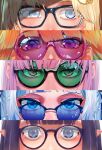  5girls bangs blonde_hair blue-tinted_eyewear blue_eyes blue_hair blunt_bangs eye_focus gawr_gura glasses green-tinted_eyewear hair_ornament highres hololive hololive_english kikino looking_at_viewer monocle_hair_ornament mori_calliope multiple_girls ninomae_ina&#039;nis orange_hair pink-tinted_eyewear pink_hair pointy_ears purple_eyes purple_hair round_eyewear sunglasses takanashi_kiara watson_amelia 