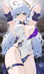  1girl absurdres adapted_costume aqua_eyes armpits arms_up bare_shoulders blurry blurry_background blush breasts commentary covered_navel cowboy_shot detached_sleeves english_commentary groin highres honkai:_star_rail honkai_(series) large_breasts leotard long_hair looking_at_viewer nvl presenting_armpit robin_(honkai:_star_rail) short_sleeves smile solo standing thigh_strap thighs very_long_hair white_hair white_leotard 