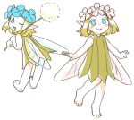  2others ;d bare_arms bare_legs bare_shoulders barefoot blonde_hair blue_flower bob_cut closed_mouth commentary dandelion dress dungeon_meshi fairy fairy_(dungeon_meshi) fairy_wings flower flower_wreath head_wreath holding leaning_forward looking_at_viewer looking_back multiple_others one_eye_closed pink_flower pointy_ears short_hair simple_background sleeveless sleeveless_dress smile standing standing_on_one_leg symbol-only_commentary uh_5yj white_background wings 