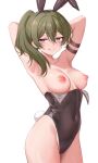  1girl :q arm_strap armpits arms_behind_head black_leotard breasts collarbone commentary_request covered_navel fake_tail green_hair hair_between_eyes hayasaka_(a865675167774) highleg highleg_leotard highres large_breasts leotard leotard_pull long_hair looking_at_viewer nipples paid_reward_available playboy_bunny purple_eyes rabbit_tail side_ponytail smile solo sousou_no_frieren tail tongue tongue_out ubel_(sousou_no_frieren) 