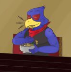 absurd_res anthro avian bandanna beak bird blue_body blue_feathers chopsticks clothed clothing digital_media_(artwork) eating eating_food falco_lombardi feathers food hi_res kerchief male melonca53654294 nintendo noodles pleased_expression ramen shirt simple_background smile solo star_fox topwear