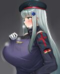  1girl absurdres beret breasts german_flag gigantic_breasts girls&#039;_frontline grey_background grey_hair hat highres hk416_(girls&#039;_frontline) long_hair looking_to_the_side simple_background solo teardrop_tattoo yellow_eyes zawashi_(zawashio1013) 