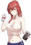  1girl :d absurdres azu_3423 beer_can blue_shorts breasts can coffee dolphin_shorts drink_can english_commentary grin highres holding holding_can honkai_(series) honkai_impact_3rd large_breasts long_hair looking_at_viewer midriff murata_himeko navel ponytail red_hair shirt shorts simple_background sleeveless sleeveless_shirt smile solo stomach teeth upper_body white_background white_shirt yellow_eyes 