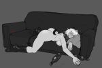  ass boots bottle breasts closed_eyes couch demon demon_girl demon_horns demon_tail drunk grey_background greyscale helltaker highres horns malina_(helltaker) monochrome nude on_couch sleeping tail vosmon 