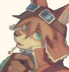 anthro bone canid canine caninu canis clothing cyberconnect2 domestic_dog ermakkk_(artist) eyewear gloves goggles handwear hat headgear headwear hi_res little_tail_bronx looking_at_viewer male mammal mercenary pose red_savarin simple_background smile solatorobo solo