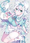  1girl ahoge animal_ears blue_eyes blue_ribbon breasts cat_ears cat_girl cat_tail dress frilled_dress frills hair_between_eyes highres long_hair looking_at_viewer medium_breasts original ribbon satsuki_mayuri solo tail tail_ornament tail_ribbon white_hair wrist_cuffs 