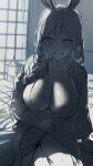  1girl absurdres animal_ears backlighting braid breasts choker cleavage commentary greyscale grin half-closed_eyes hews highres hololive indoors large_breasts long_hair looking_at_viewer mature_female monochrome pekomama rabbit_ears rabbit_girl short_eyebrows shouji sliding_doors smile sweat thick_eyebrows unfinished virtual_youtuber 