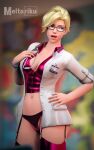  1girl 3d 3d_(artwork) absurdres blender_(software) blizzard_entertainment blonde_female blonde_hair blue_eyes breasts doctor glasses hi_res highres lingerie meltoriku mercy mercy_(overwatch) naughty_face nurse overwatch overwatch_2 posing pussy rubber_clothing rubber_suit smile solo solo_female solo_focus standing thighhighs thighs underwear 