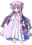  1girl absurdres blue_bow blush book bow chups commentary_request cropped_legs dress hair_bow hair_ribbon hat highres holding holding_book long_hair long_sleeves mob_cap patchouli_knowledge purple_eyes purple_hair purple_hat red_ribbon ribbon simple_background solo striped_clothes striped_dress touhou vertical-striped_clothes vertical-striped_dress very_long_hair white_background 