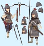  1girl armor axe black_hair blue_background chainmail chinese_armor chinese_clothes chinese_empire crossbow dao fangdan_runiu hanfu helmet holding holding_polearm holding_weapon jitome lamellar_armor original polearm quiver scabbard sheath song_dynasty tassel weapon 