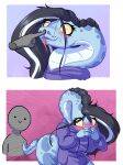 absurd_res amber_sclera black_hair blue_body blue_scales blush boop clothing embarrassed forked_tongue hair hi_res hoodie kaya_(witchtaunter) multicolored_hair reptile scales scalie snake tongue topwear two_tone_hair white_hair witchtaunter