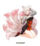  1girl ;d alternate_hair_color animal_ear_fluff animal_ears ankle_bell arm_up armpits bare_legs black_dress black_footwear blue_eyes breasts cleavage cleavage_cutout closers clothing_cutout copyright_name dress fang fingernails fox_ears fox_girl fox_tail from_side full_body hand_on_own_ear hands_up high_heels highres kitsune kneeling kyuubi large_breasts layered_dress logo long_fingernails long_hair long_sleeves looking_at_viewer low_twintails multiple_tails official_art one_eye_closed open_mouth paw_pose pink_tail red_dress see-through see-through_sleeves smile solo tachi-e tail teeth twintails two-tone_dress upper_teeth_only very_long_hair wedge_heels white_background white_hair yuri_seo 