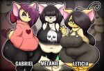5_fingers alternative_fashion anthro big_breasts black_hair bottomwear breasts canid canine canis chihuahua clothed clothing domestic_dog female fingers gabriel_(thedeathcrow05) goth group hair hi_res lilith_(thedeathcrow05) male mammal melanie_(thedeathcrow05) one_eye_obstructed overalls pants purple_hair shirt short_stack skirt smile tail thedeathcrow05 topwear toy_dog trio