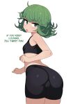  1girl ass bare_arms bike_shorts black_shorts black_sports_bra breasts cowboy_shot curly_hair english_commentary english_text from_behind green_eyes green_hair highres looking_back mikoscrub one-punch_man open_mouth short_hair shorts simple_background small_breasts solo sports_bra tatsumaki white_background 