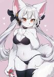 2024 anthro biped bra breasts canid canine claws cleavage clothed clothing eyelashes female fur glistening hair heart_symbol hi_res kemono legwear mammal methynecros panties pawpads paws pink_background shaded simple_background skimpy solo standing tail twintails_(hairstyle) underwear white_body white_fur white_hair