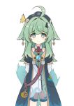  1girl ahoge animal_ears blush closed_mouth fox_ears green_eyes green_hair hat honkai:_star_rail honkai_(series) huohuo_(honkai:_star_rail) long_hair looking_at_viewer paw-shaped_pupils shorts simple_background symbol-shaped_pupils war-bler white_background yin_yang_hair_ornament 