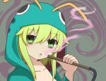  1girl abstract_background bags_under_eyes black_souls blonde_hair bloodshot_eyes caterpillar_costume drooling empty_eyes fake_antennae green_eyes hookah looking_at_viewer portrait shisha_(black_souls) short_hair solo udododo 