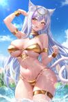  1girl animal_ear_fluff animal_ears arm_up armlet bare_shoulders bikini blush breasts cat_ears cat_girl cat_tail commentary_request earrings gold_bikini highres jewelry kamishiro_kurea large_breasts long_hair looking_at_viewer multicolored_hair navel open_mouth otogi_resurrection outdoors partially_submerged smile solo stomach streaked_hair studiopokotan swimsuit tail thighlet thighs underboob virtual_youtuber water wet white_hair yellow_eyes 